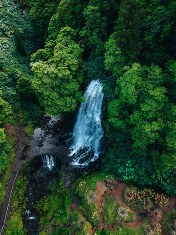 Aerial view of cascading waterfall plunges amidst the vibrant green foliage a serene escape in the heart of nature Achada Portugal. Aerial view of cascading waterfall plunges amidst the vibrant green foliage a serene escape in the heart of nature Achada Portugal.