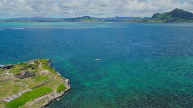 Aerial view of Ile aux Cerfs coastal ruins in Mauritius.
