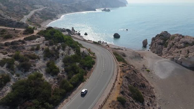 Aerial view of Aphrodite s Rock coastal road in Paphos Cyprus.