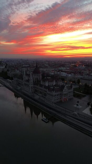 Aerial view of the Hungarian Parliament Building at sunset Hungary.