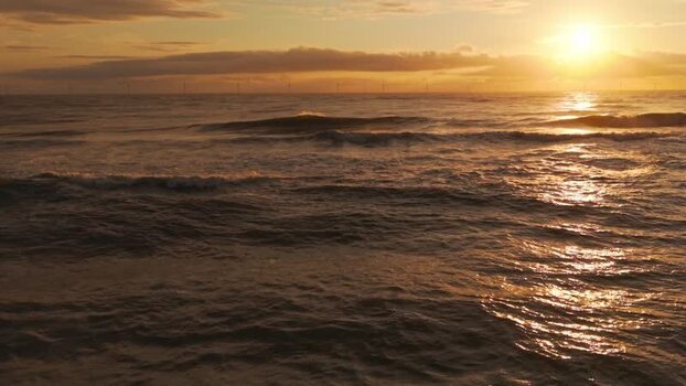 Aerial view of North Sea sunset near Hvide Sande Denmark.