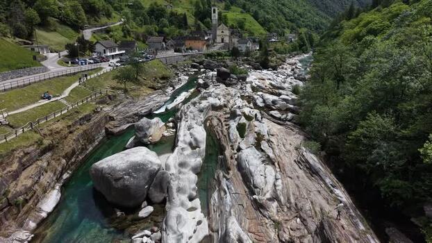 Aerial view of the Verzasca river and Lavertezzo village Switzerland.