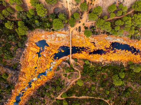 Aerial view of the vibrant orange and yellow mineral rich riverbanks of the Rio Tinto winding through lush green pine forests in Andalusia Spain. Aerial view of the vibrant orange and yellow mineral rich riverbanks of the Rio Tinto winding through lush green pine forests in Andalusia Spain.