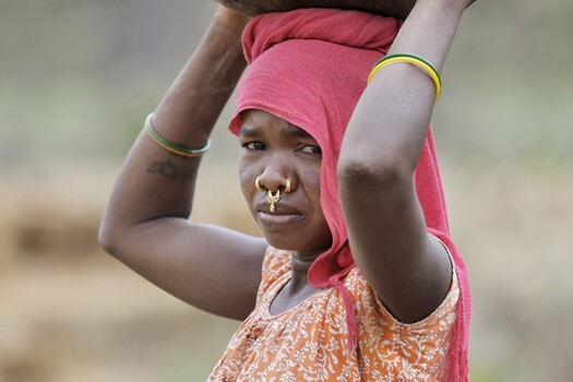 Odisha India 26 March 2026 View of a young woman carrying a load on her head her red headscarf a vibrant contrast to the earthy tones of the background. Odisha India 26 March 2026 View of a young woman carrying a load on her head her red headscarf a vibrant contrast to the earthy tones of the background.