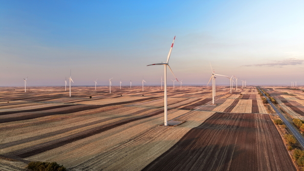 Aerial view of wind turbines in a field in Vladimirovac Vojvodina Serbia.