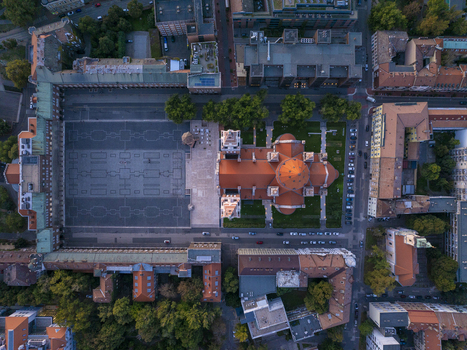 Aerial view of Szeged Cathedral and the surrounding Dom ter square with its historic buildings and red tiled rooftops in Szeged Hungary. Aerial view of Szeged Cathedral and the surrounding Dom ter square with its historic buildings and red tiled rooftops in Szeged Hungary.