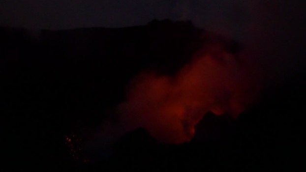 View of Stromboli volcano eruption at night Italy.