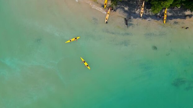 Aerial view of kayaks on beach New Zealand. Aerial view of kayaks on beach New Zealand.