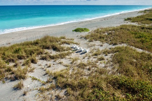 Aerial view of the shore with white beach chairs nestled in the dunes overlooking the turquoise sea Jupiter Island Florida United States.