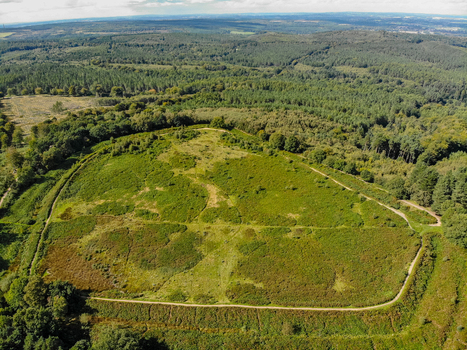 Aerial view of Castle Ring an Iron Age hillfort surrounded by dense woodland and green fields in Rugeley England United Kingdom.