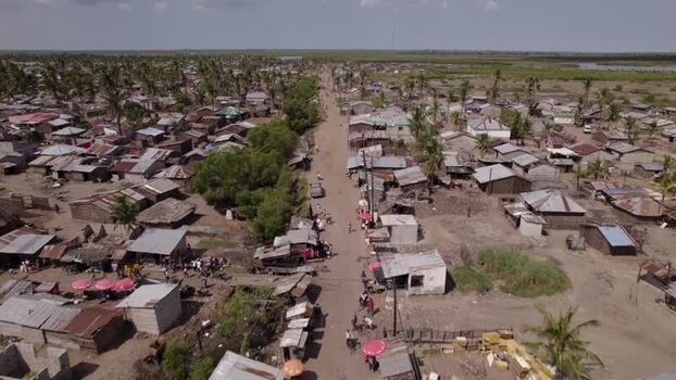 Aerial view of rural houses and road Mozambique.