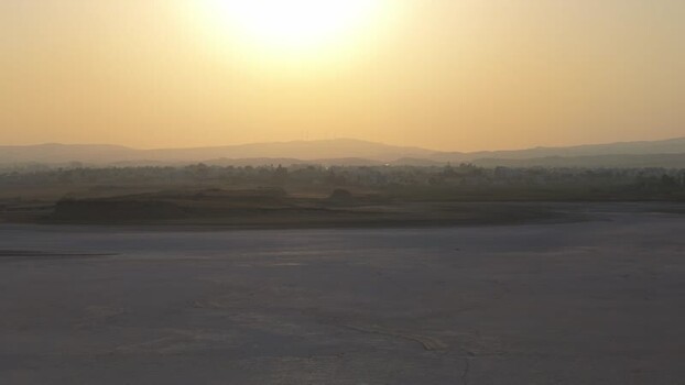 Aerial view of Larnaca Salt Lake at sunset Cyprus.