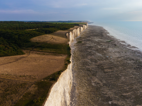 Aerial view of the dramatic white chalk cliffs of the Beach of the Bois de Cise meeting the sea with a lush forest bordering the coastline in Ault Hauts de France France.