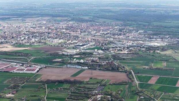 Aerial view of fields and city France.