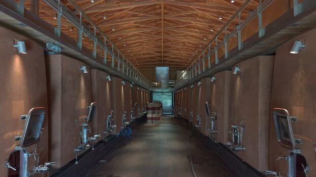 View of a modern wine cellar with fermentation tanks France.
