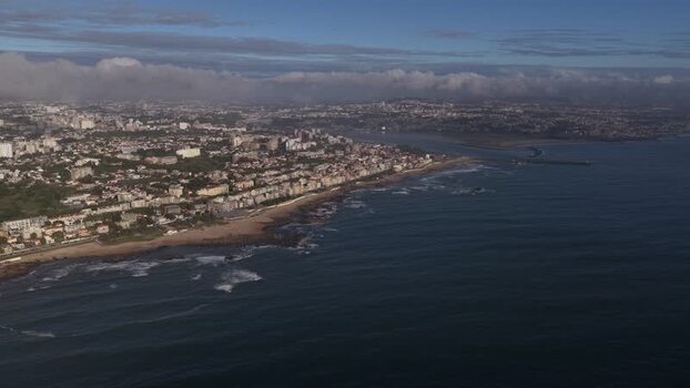 Aerial view of shoreline buildings Porto Portugal.