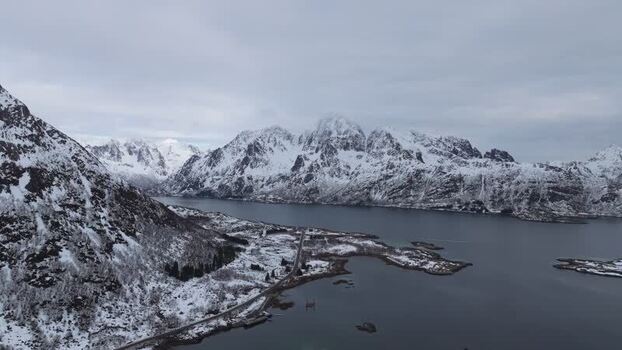 Aerial view of Lofoten mountains and fjord in Norway.