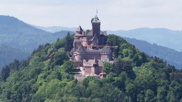 Aerial view of Chateau du Haut Koenigsbourg on a hill France.