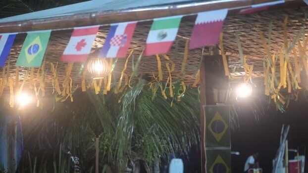 View of international flags at a beach bar Brazil.