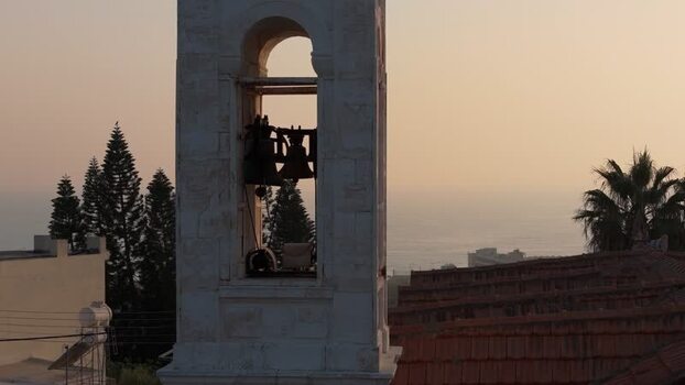 Aerial view of bell tower at sunset in Nicosia Cyprus.