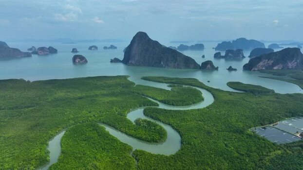 Aerial view of Samet Nangshe Viewpoint and limestone karsts Thailand.