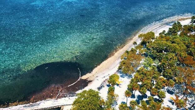 Aerial view of turquoise waters and lush palm trees Honduras.