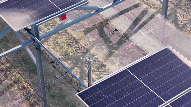 Aerial view of solar panels in a field Italy.