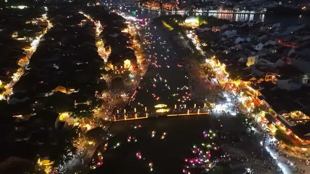 Aerial view of Hoi An ancient town at night Vietnam.