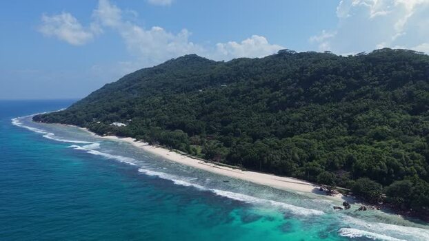Aerial view of Anse Reunion beach in Seychelles.