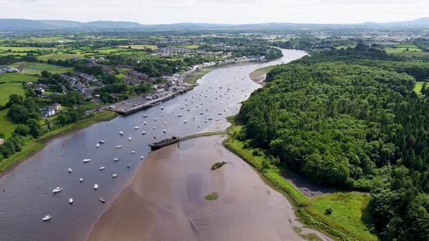 Aerial view of River Moy and boats in Ballina Ireland.