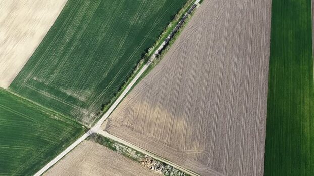 Aerial view of agricultural fields France.