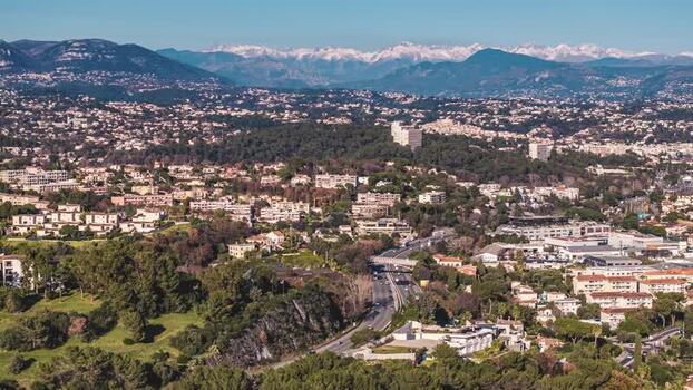 Aerial view of Cagnes sur Mer and surrounding landscape France.