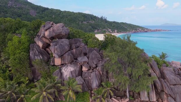 Aerial view of Anse Reunion granite boulders Seychelles.