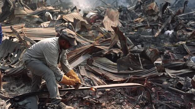 View of a man working amidst debris after a fire in Dhaka Bangladesh. View of a man working amidst debris after a fire in Dhaka Bangladesh.