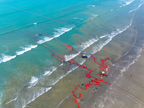 Cox s Bazar Bangladesh 10 March 2026 Aerial view of a vibrant scene where the turquoise sea meets the sandy shore dotted with people and fishing nets.