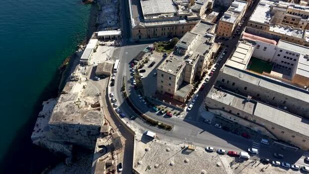 Aerial view of historic coastal buildings in Valletta Malta.