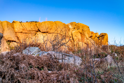 View of the historic Kincasslagh Mass Rock featuring large golden hued rock formations surrounded by dry winter vegetation under a clear blue sky in Kincasslagh County Donegal Ireland. View of the historic Kincasslagh Mass Rock featuring large golden hued rock formations surrounded by dry winter vegetation under a clear blue sky in Kincasslagh County Donegal Ireland.
