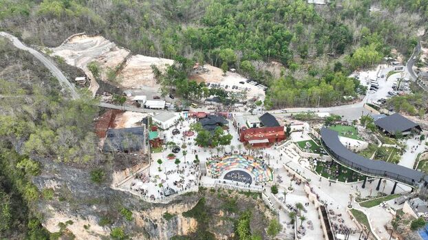 Kecamatan Purwosari Daerah Istimewa Yogya Indonesia 23 November 2023 Aerial view of Obelix Sea View a cliffside complex with colorful amphitheater seating and lush forest. Kecamatan Purwosari Daerah Istimewa Yogya Indonesia 23 November 2023 Aerial view of Obelix Sea View a cliffside complex with colorful amphitheater seating and lush forest.