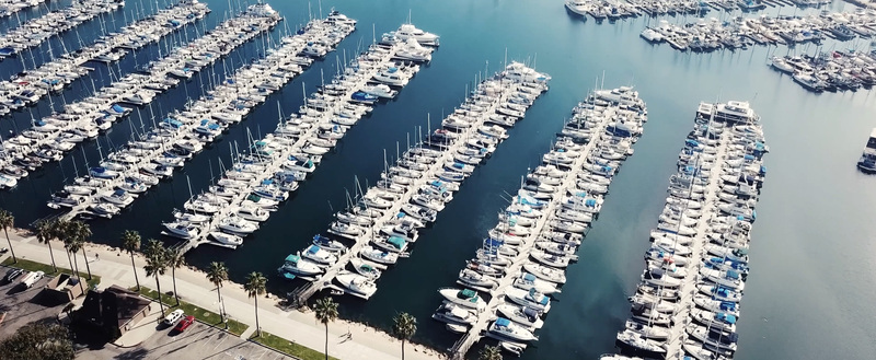 Aerial view of numerous boats docked in a marina with palm trees along the waterfront in Los Angeles California United States.