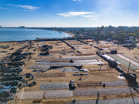 Aerial view of Negombo Beach with fishermen drying fish on the sand under a clear blue sky in Negombo Western Province Sri Lanka. Aerial view of Negombo Beach with fishermen drying fish on the sand under a clear blue sky in Negombo Western Province Sri Lanka.