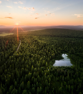 Aerial view of Neitokainen lake shaped like Finland surrounded by dense coniferous forest and a winding dirt road under a golden sunset sky in Kittila Lapland Finland. Aerial view of Neitokainen lake shaped like Finland surrounded by dense coniferous forest and a winding dirt road under a golden sunset sky in Kittila Lapland Finland.