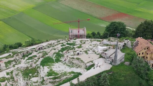 Aerial view of Castelluccio ruins and construction in Italy.