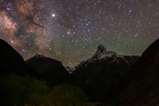 View of the Milky Way galaxy stretching over the snow covered peaks of the Karakoram range at K2 Base Camp Gilgit Pakistan. View of the Milky Way galaxy stretching over the snow covered peaks of the Karakoram range at K2 Base Camp Gilgit Pakistan.