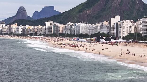 Aerial view of Copacabana Beach and city skyline Brazil.