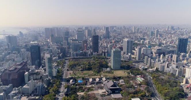 Aerial view of Tokyo skyline with Zojoji Temple Japan.
