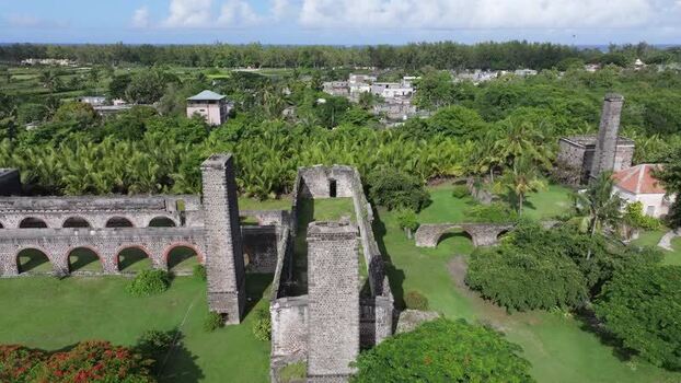 Aerial view of Belle Mare sugar mill ruins in Mauritius.