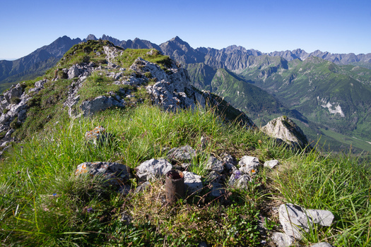 View of the rocky ridge of Zdiarska vidla in the Belianske Tatry mountain range with green slopes under a clear blue sky in Zdiar Presov Region Slovakia. View of the rocky ridge of Zdiarska vidla in the Belianske Tatry mountain range with green slopes under a clear blue sky in Zdiar Presov Region Slovakia.
