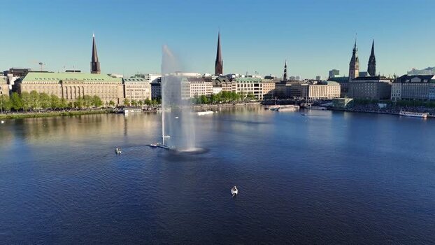 Aerial view of Binnenalster lake with the Alsterfontane fountain Germany.