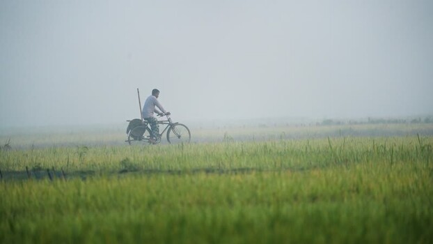 View of a man riding a bicycle in a foggy field Bangladesh.