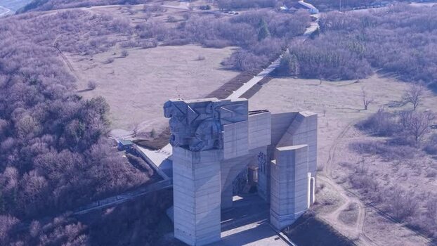 Aerial view of Founders of the Bulgarian State Monument Bulgaria.